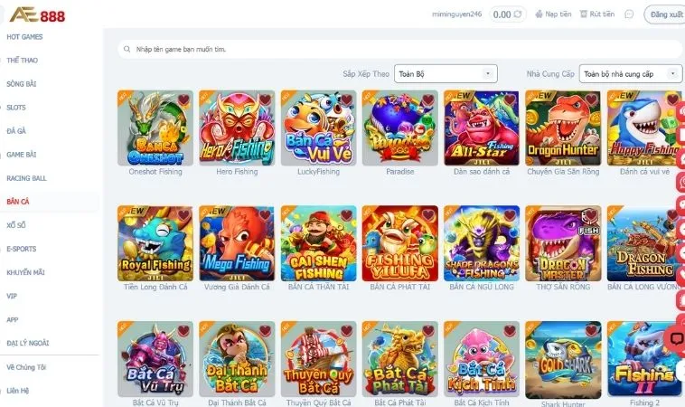 Sảnh bắn cá AE888 quy tụ hàng loạt các tựa game bắn cá hấp dẫn