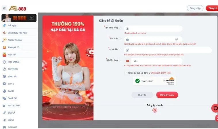 Đăng Ký AE888 Chớp Nhoáng Nhận Ngay Thưởng Khủng 8888K 2 Giao diện đăng ký AE888