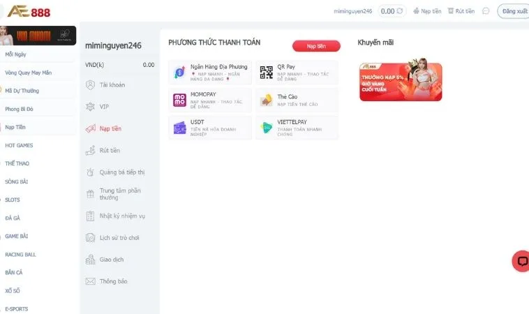 Nạp Tiền AE888 Siêu Tốc Bảo Mật Tuyệt Đối Trong 1 Phút 2 Các phương thức nạp tiền AE888