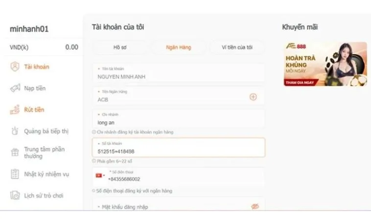 Rút Tiền AE888 Siêu Tốc Trong 5 Phút An Toàn Tuyệt Đối 2 Giao diện rút tiền AE888